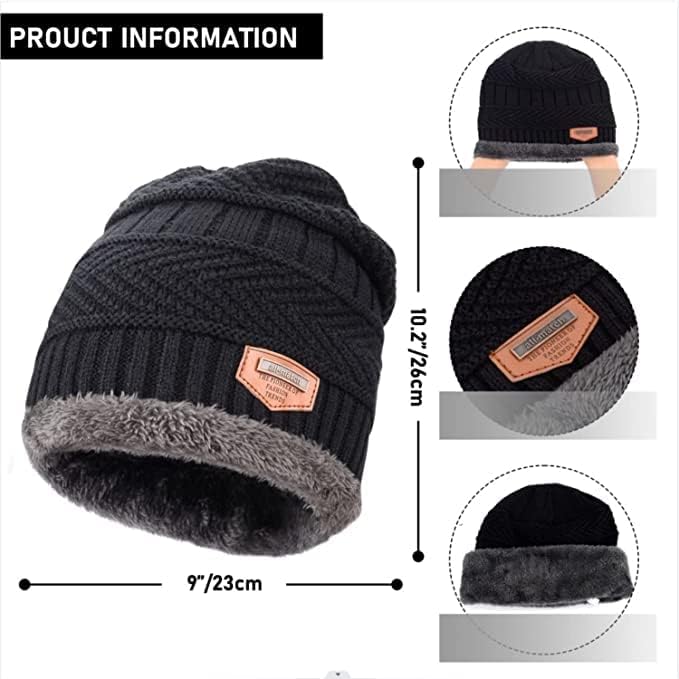 Brand Conquer Wool Beanie Cap & Muffler for Mens & Women – Winter Cap for Men – Men’s Woolen Cap with Neck Muffler – Winter Muffler for Women – Soft Woolen Muffler & Cap for Men & Women Black
