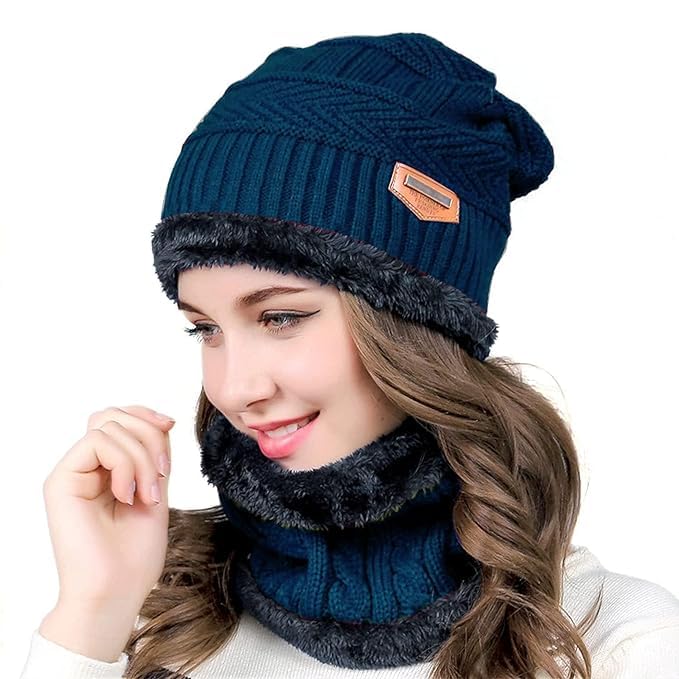 Brand Conquer Wool Beanie Cap & Muffler for Mens & Women – Winter Cap for Men – Men’s Woolen Cap with Neck Muffler – Winter Muffler for Women – Soft Woolen Muffler & Cap for Men & Women Black