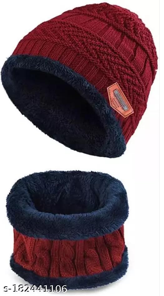 Brand Conquer Wool Beanie Cap & Muffler for Mens & Women – Winter Cap for Men – Men’s Woolen Cap with Neck Muffler – Winter Muffler for Women – Soft Woolen Muffler & Cap for Men & Women Black