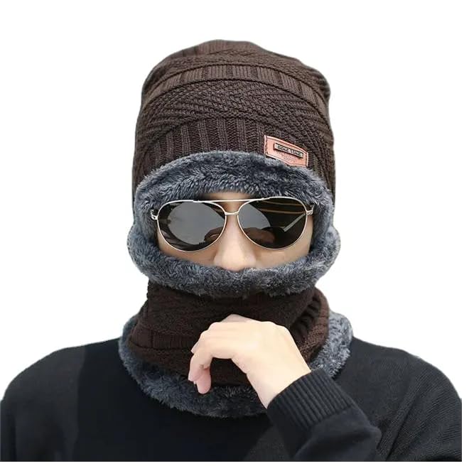 Brand Conquer Wool Beanie Cap & Muffler for Mens & Women – Winter Cap for Men – Men’s Woolen Cap with Neck Muffler – Winter Muffler for Women – Soft Woolen Muffler & Cap for Men & Women Black