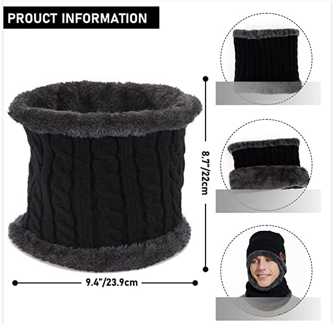 Brand Conquer Wool Beanie Cap & Muffler for Mens & Women – Winter Cap for Men – Men’s Woolen Cap with Neck Muffler – Winter Muffler for Women – Soft Woolen Muffler & Cap for Men & Women Black