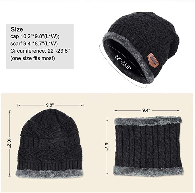 Brand Conquer Wool Beanie Cap & Muffler for Mens & Women – Winter Cap for Men – Men’s Woolen Cap with Neck Muffler – Winter Muffler for Women – Soft Woolen Muffler & Cap for Men & Women Black