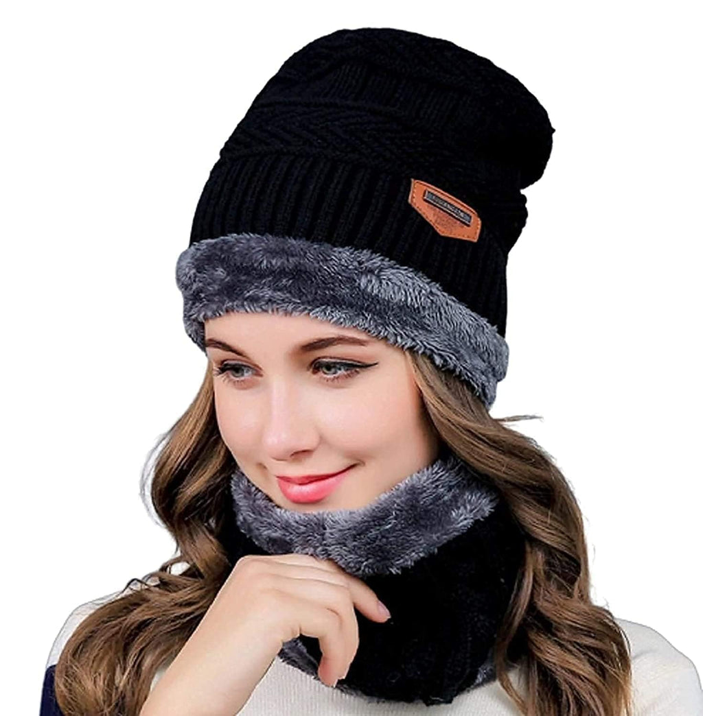 Brand Conquer Wool Beanie Cap & Muffler for Mens & Women – Winter Cap for Men – Men’s Woolen Cap with Neck Muffler – Winter Muffler for Women – Soft Woolen Muffler & Cap for Men & Women Black
