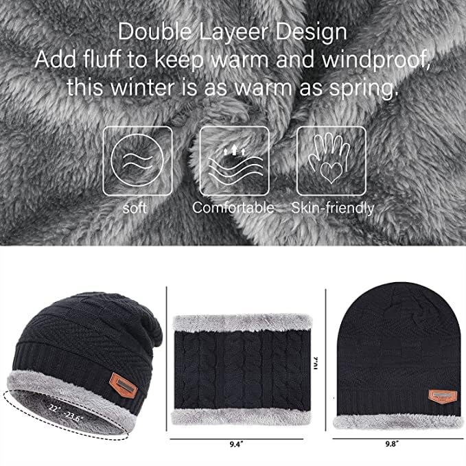 Brand Conquer Wool Beanie Cap & Muffler for Mens & Women – Winter Cap for Men – Men’s Woolen Cap with Neck Muffler – Winter Muffler for Women – Soft Woolen Muffler & Cap for Men & Women Black
