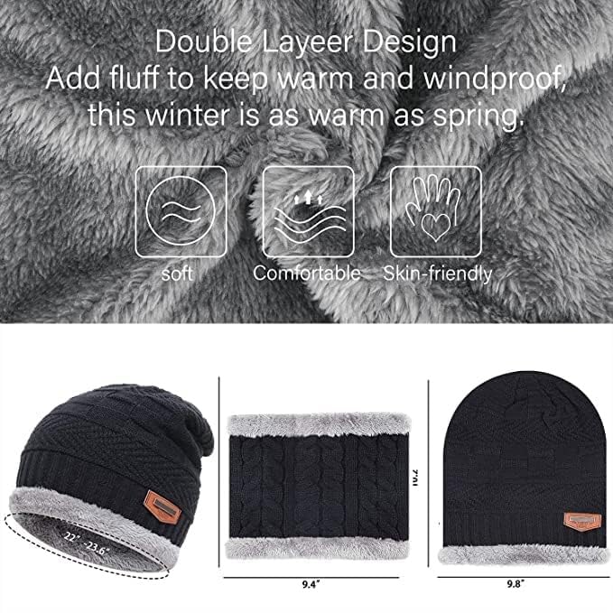 Brand Conquer Wool Beanie Cap & Muffler for Mens & Women – Winter Cap for Men – Men’s Woolen Cap with Neck Muffler – Winter Muffler for Women – Soft Woolen Muffler & Cap for Men & Women Black